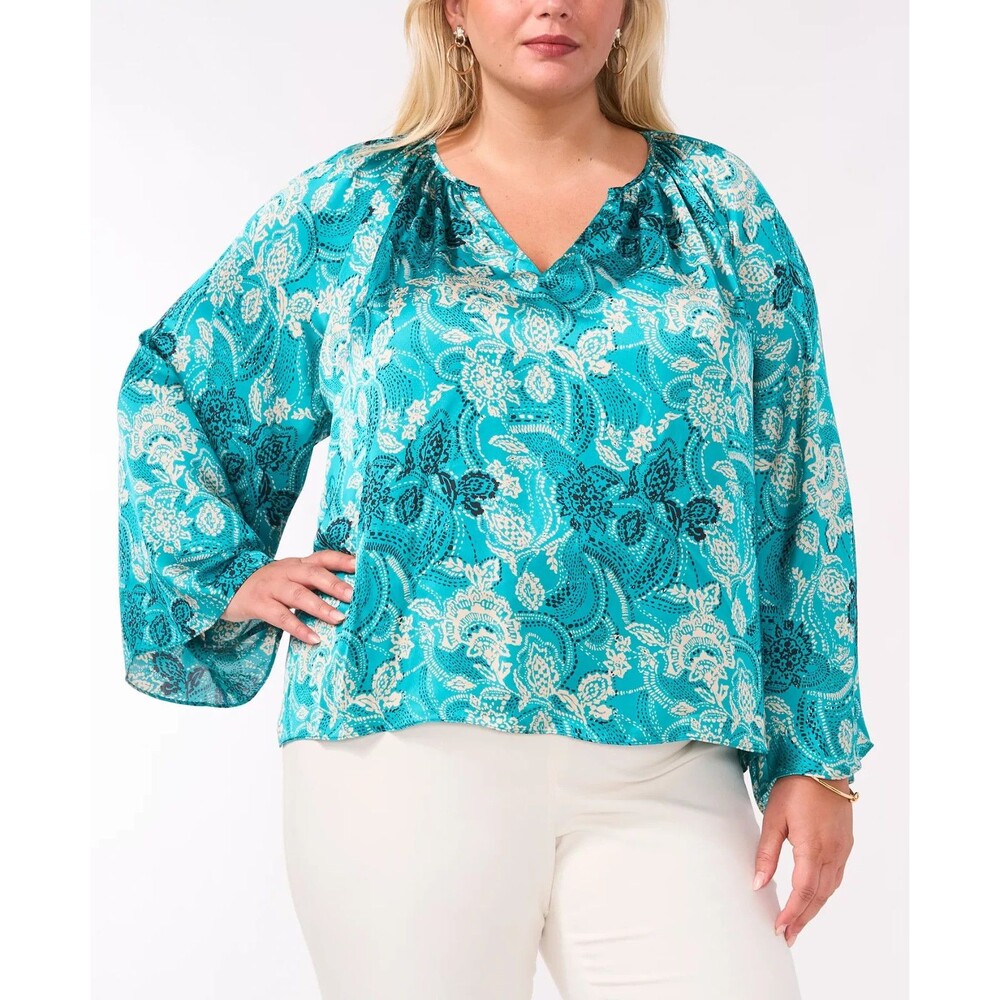 Vince Camuto Women's Printed Split-Neck Long-Sleeve Blouse Top Turquoise L